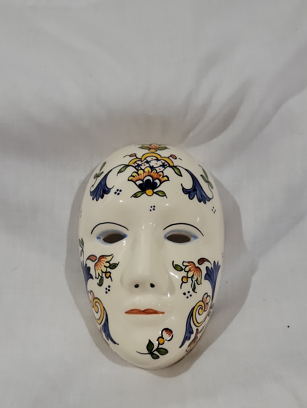 Hand-Painted Ceramic Decorative Mask Wall Art in Cream with Floral Motif Desvres
